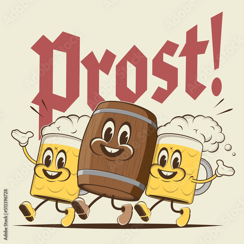happy walking retro cartoon beer with German word Prost meaning cheers