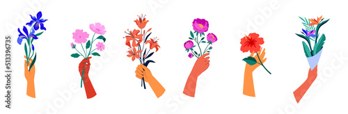 Hand holding flower bouquets. Collection of feminine fashion concept illustrations, botanical drawings. Cards, prints and poster designs. Flat style vector design