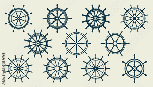 Collection of vintage steering wheels. Ship, yacht retro wheel symbol. Nautical rudder icon. Marine design element. Vector illustration
