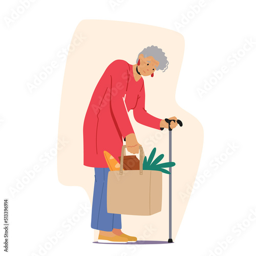 Tired Elderly Woman Carry Food Or Grocery In Bag. Granny Stand Leaning On Walking Cane. Grandmother Need Help
