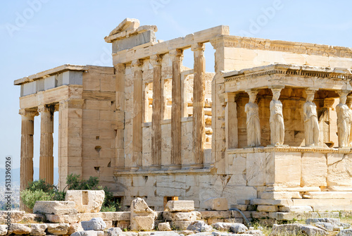 Figures of the Caryatid Porch of the Erechtheion on the Acropolis at Athens. Sunny day no people. close up