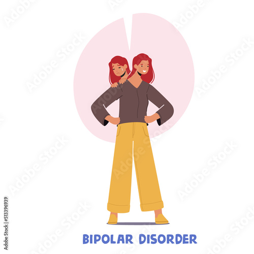 Female Character with Bipolar Mental Brain Disorder. Woman with Two Heads, Express Positive and Negative Emotions
