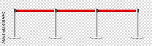Realistic retractable belt stanchion on transparent background. Crowd control barrier posts with caution strap. Queue lines. Restriction border and danger tape. Vector illustration.
