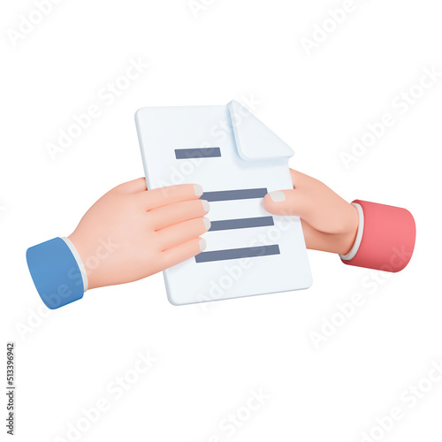 Give a document 3d icon. Handing a sheet of paper with text from hand to hand. Giving a documents. Isolated object on a transparent background