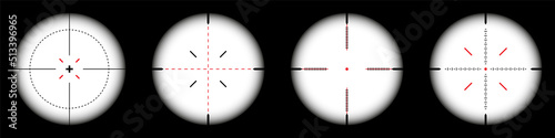 Weapon sights, sniper rifle optical scope on black background. Hunting gun viewfinder with crosshair. Aim, shooting mark symbol. Military target sign, silhouette. Game UI element. Vector illustration