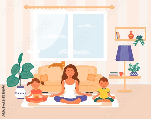Young mother and daughter et son do yoga, relieve negative emotions, relaxing at home. A happy family is meditating. Vector illustration