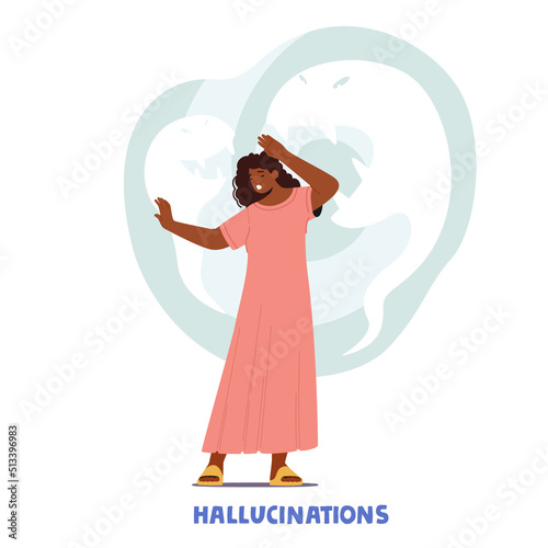 Hallucinations, Schizophrenia Mental Disorder, Dissociative Identity Mental Disease. Black Female Character Illness