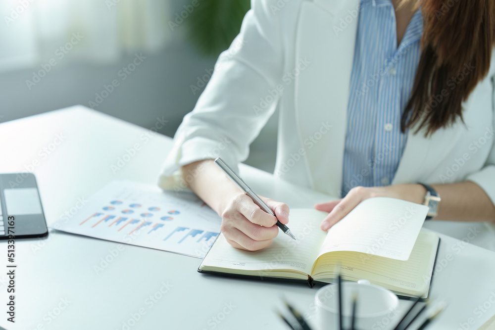 Portrait of a young businesswoman or business owner working with a notebook and documents at office room Portrait of a young businesswoman or business owner working with a notebook and documents at office room