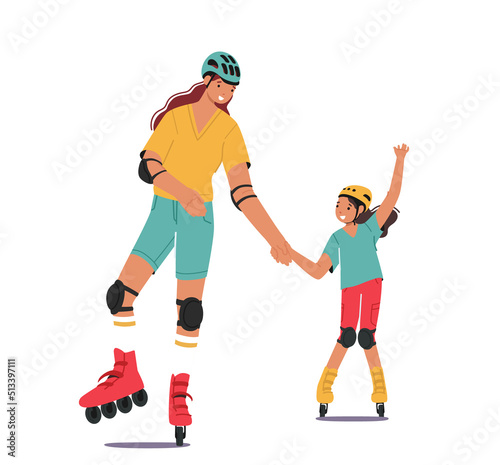 Mother and Little Daughter Rollerblading Isolated on White Background. Family Activity, Leisure, Sport Spare Time