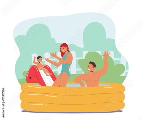 Happy Family Characters Mother, Father and Son Playing in Outdoor Swimming Pool, Baby Sliding. Summertime Water Games