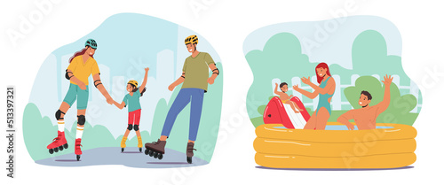 Set Family Activities, Happy Mother, Father And Child Rollerblading In Park, Young Parents And Little Son Swim In Pool