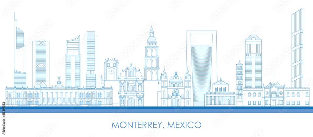 Outline Skyline panorama of city of Monterrey, Mexico - vector illustration