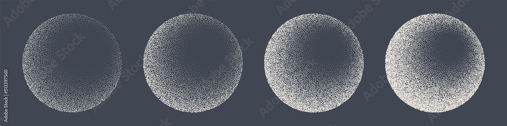 Round shaped dotted objects, stipple elements. Fading gradient. Stippling, dotwork drawing, shading using dots. Pixel disintegration, halftone effect. White noise grainy texture. Vector illustration Round shaped dotted objects, stipple elements. Fading gradient. Stippling, dotwork drawing, shading using dots. Pixel disintegration, halftone effect. White noise grainy texture. Vector illustration