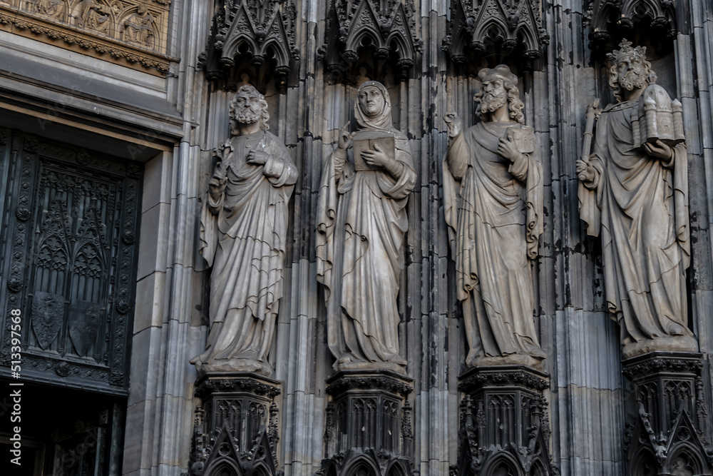 Details of Cologne cathedral (Cathedral Church of Saint Peter, from 1248). Cologne Cathedral - High Gothic five-aisled basilica, with a projecting transept and a tower facade. Cologne, Germany.