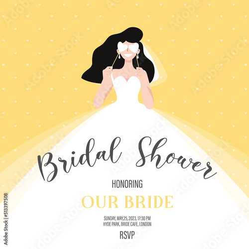 Bridal shower invitation with bride in wedding dress, hearts eyes, retro vintage vector illustration