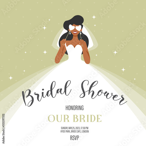 Bridal shower invitation with bride in wedding dress, hearts eyes, retro vintage vector illustration