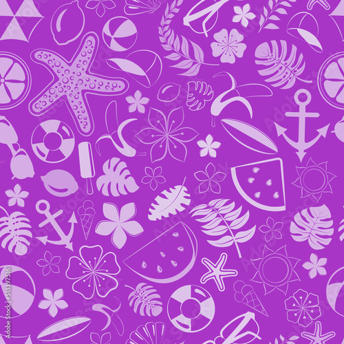 Seamless pattern of various items related to summer holidays at sea, in purple colors
