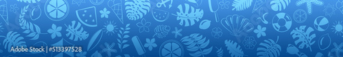 Banner of various items related to summer holidays at sea, in blue colors, with seamless horizontal repetition