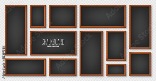 Realistic various chalkboards in a wooden frame. Black restaurant menu board. School blackboard, writing surface for text or drawing. Blank advertising or presentation boards. Vector illustration