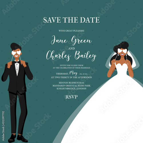 Wedding Invitation in vintage style , couple marriage, groom and bride characters, vector illustration
