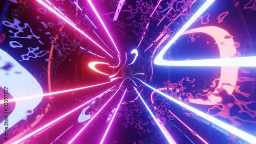 Hi-tech neon sci-fi tunel. Trendy neon glow lines form pattern and construction in mirror tunnel. Curled glow lines. Fly through technology cyberspace. 3d looped seamless 4k bright youth background. photo