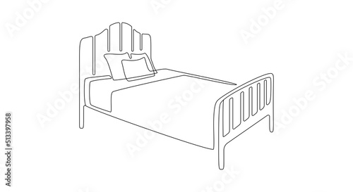 Continuous one line drawing of double bed thin icon. Modern comfortable and soft furniture for bedroom in simple linear style. Editable stroke. Doodle vector illustration