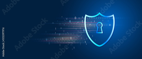 Data security system, information, or network protection. Cyber security and data protection. Shield icon, future technology for verification. Abstract high tech background. photo