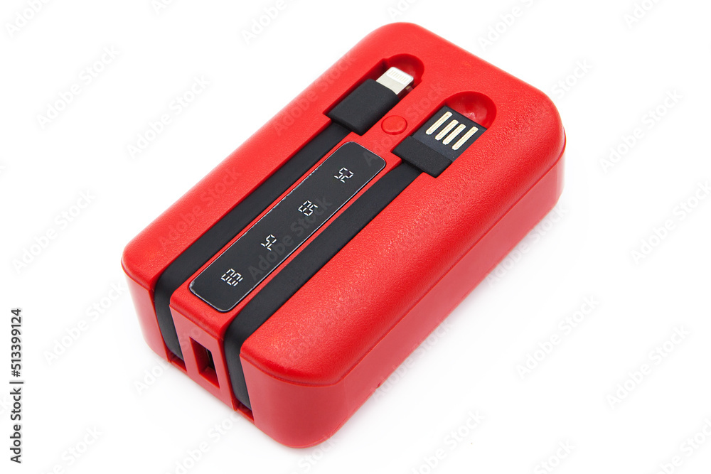 Power Bank of red color isolated on white background. Power Bank of red color isolated on white background.