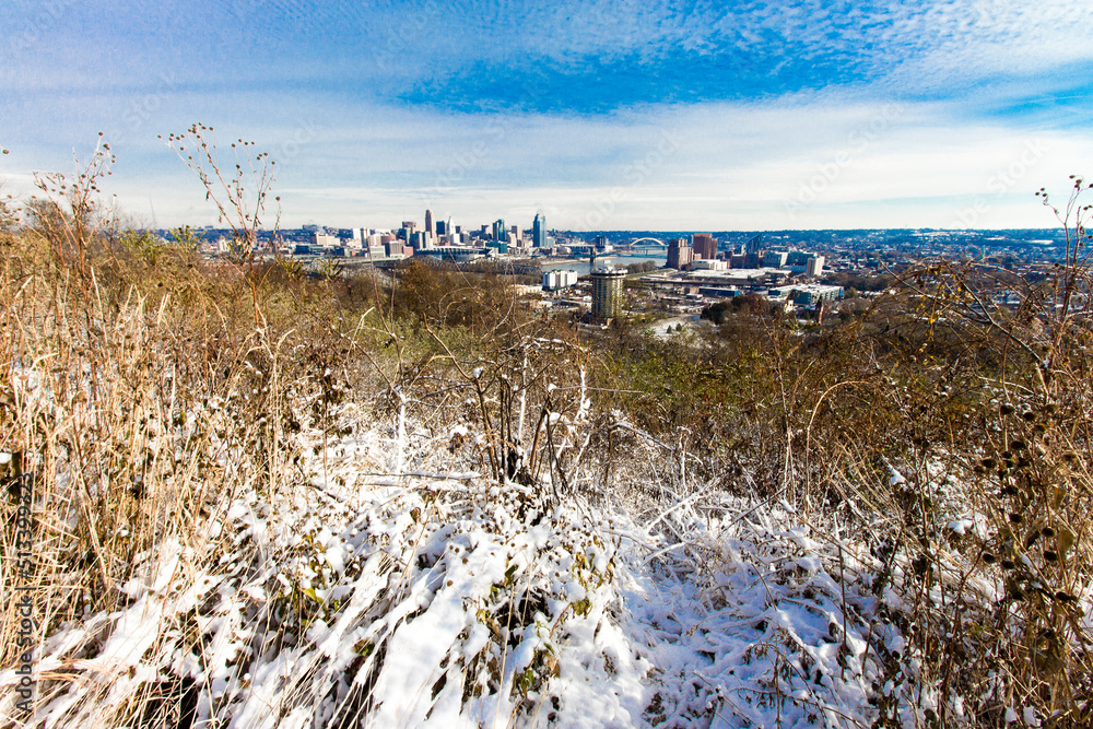 Cincinnati, Ohio seen after a light snow from Devou Park, Kentucky