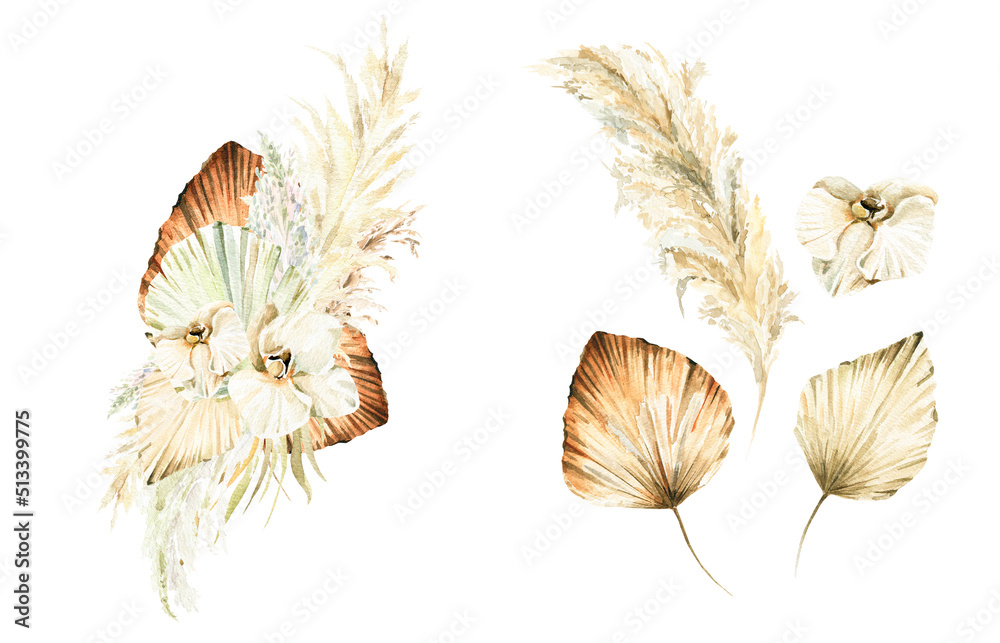 Obraz premium Watercolor boho bouquet with hand painted tropical wild flowers of white orchid, green palm leaves and branches of pampas in pastel colors. floral bohemian arrangement perfect for wedding cards