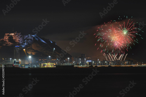 A long exposure photography, fireworks and the Santa Barbara castle in Alicante, Spain