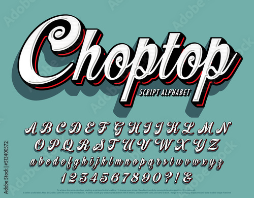 Fototapet Choptop is a unique layered script alphabet with flat tops on the lowercase letters, as well as shadow and highlight effects