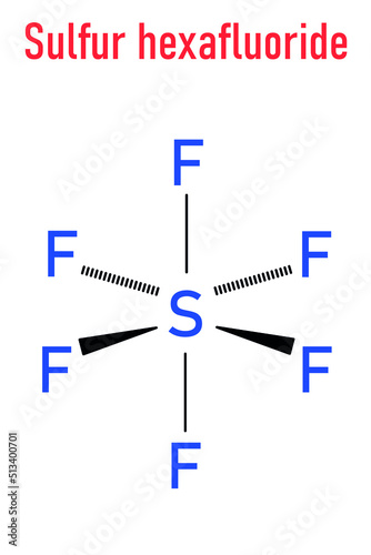 Skeletal formula of sulfur hexafluoride gas insulator molecule. Microbubbles are used as contrast agent for ultrasound imaging. Potent greenhouse gas.