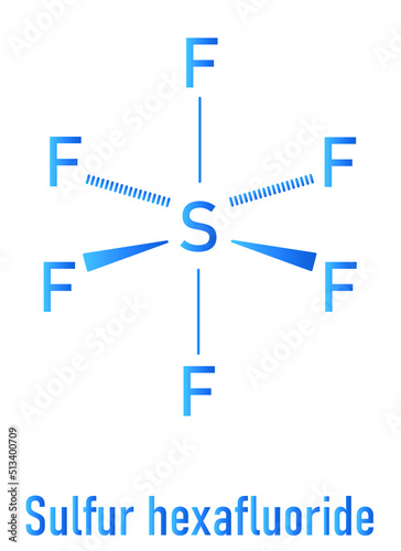 Skeletal formula of sulfur hexafluoride gas insulator molecule. Microbubbles are used as contrast agent for ultrasound imaging. Potent greenhouse gas.