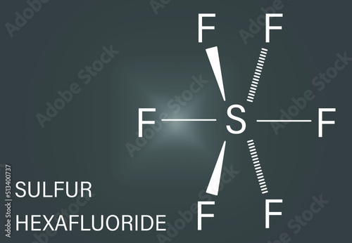 Skeletal formula of sulfur hexafluoride gas insulator molecule. Microbubbles are used as contrast agent for ultrasound imaging. Potent greenhouse gas.