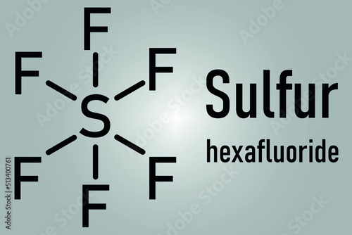 Skeletal formula of sulfur hexafluoride gas insulator molecule. Microbubbles are used as contrast agent for ultrasound imaging. Potent greenhouse gas.