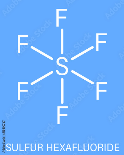 Skeletal formula of sulfur hexafluoride gas insulator molecule. Microbubbles are used as contrast agent for ultrasound imaging. Potent greenhouse gas.