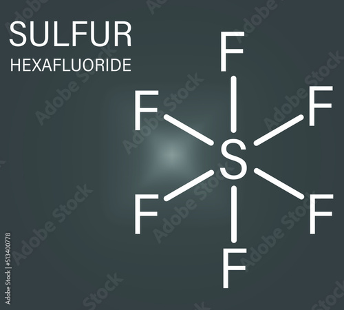 Skeletal formula of sulfur hexafluoride gas insulator molecule. Microbubbles are used as contrast agent for ultrasound imaging. Potent greenhouse gas.