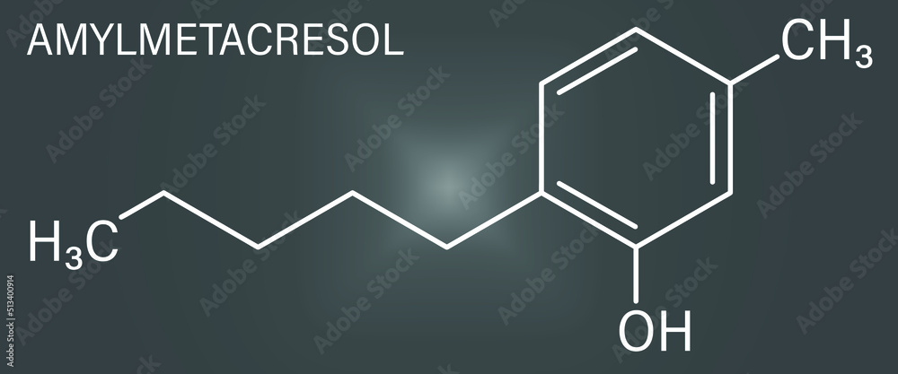 Amylmetacresol antiseptic drug molecule. Used in lozenges to treat sore throat. Skeletal formula. Amylmetacresol antiseptic drug molecule. Used in lozenges to treat sore throat. Skeletal formula.