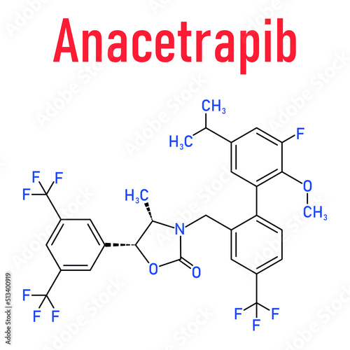 Anacetrapib hypercholesterolemia drug molecule. CETP or cholesterylester transfer protein, 
inhibitor for the treatment of elevated cholesterol levels. Skeletal formula.