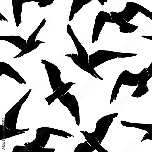 Vector Seamless Pattern with Black Seagull Bird Silhouette on White. Marine, Surf Background with Flying Isolated Sea Gulls for Wallpaper, Wrapping, Packing, Backdrop, Textile