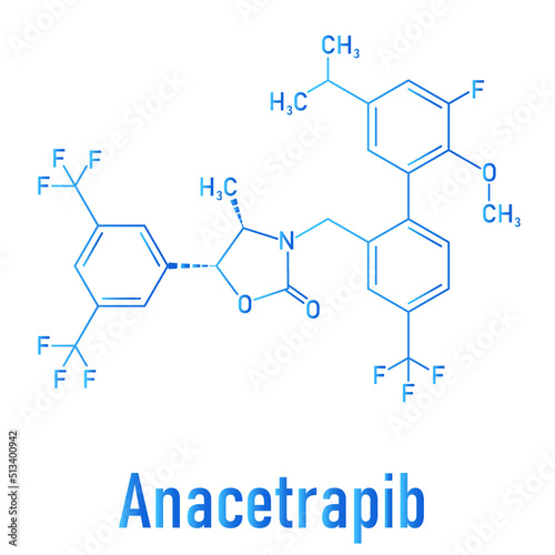 Anacetrapib hypercholesterolemia drug molecule. CETP or cholesterylester transfer protein, 
inhibitor for the treatment of elevated cholesterol levels. Skeletal formula.