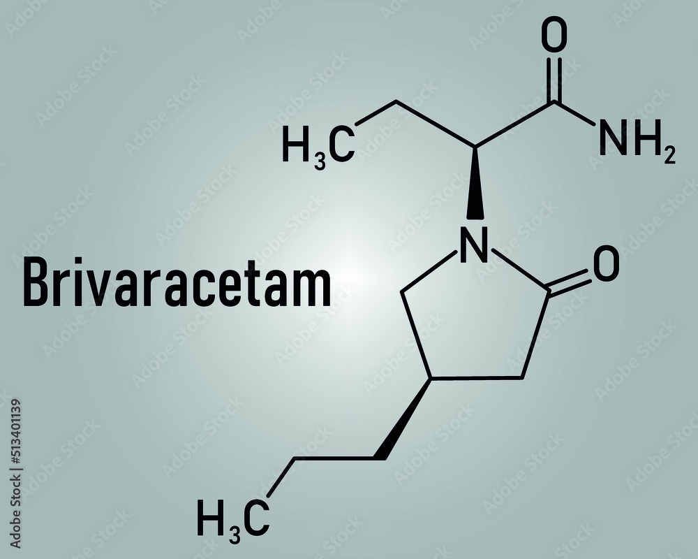 Brivaracetam anticonvulsant drug molecule. Used in treatment of seizures. Skeletal formula.
