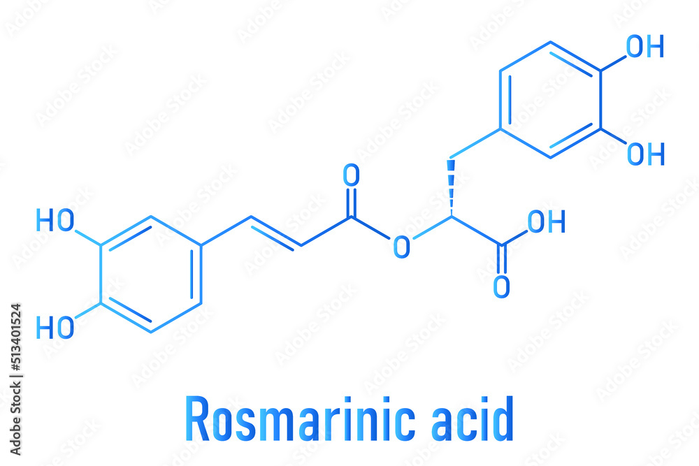 Rosmarinic acid herbal antioxidant molecule. Present in a number of plants including rosemary. Rosmarinus officinalis. Skeletal formula. Rosmarinic acid herbal antioxidant molecule. Present in a number of plants including rosemary. Rosmarinus officinalis. Skeletal formula.