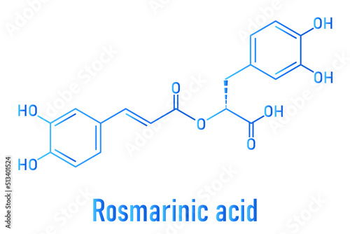 Rosmarinic acid herbal antioxidant molecule. Present in a number of plants including rosemary. Rosmarinus officinalis. Skeletal formula.