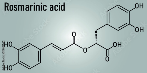 Rosmarinic acid herbal antioxidant molecule. Present in a number of plants including rosemary. Rosmarinus officinalis. Skeletal formula.