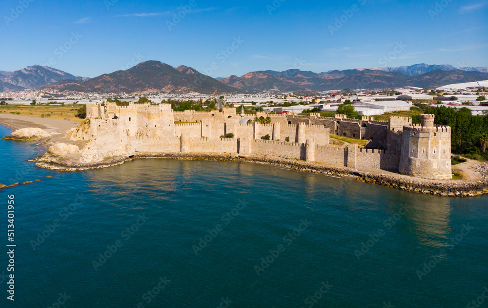 Bird's eye view of Mamure Castle. Fortification on Mediterranean coast in Bozdogan village, Turkey.