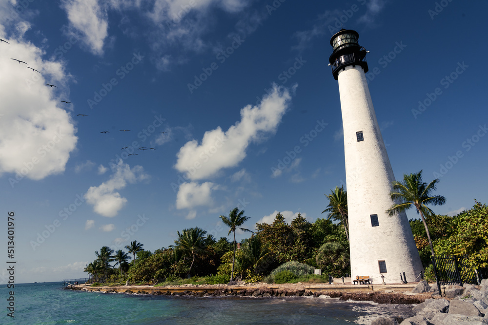 Beach Florida Lighthouse. Cape Florida Lighthouse, Key Biscayne, Miami, Florida, USA. Front view.
