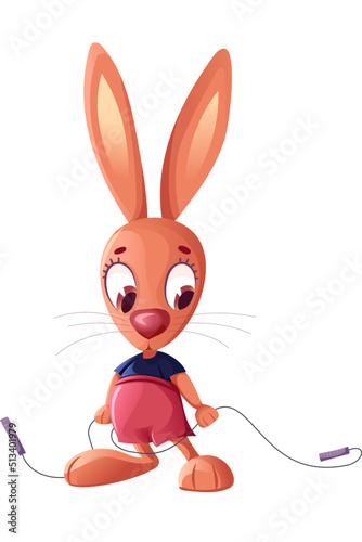Vector modest cute bunny with long ears in a blue purple t-shirt and pink raspberry shorts holds a skipping rope in his paws