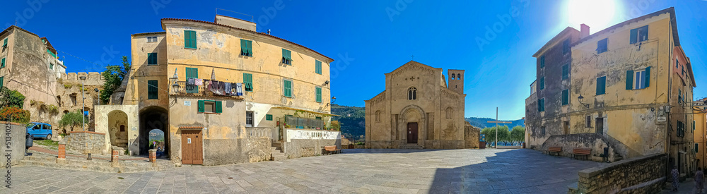 Beautiful panoramic view of the church of San Michele Arcangelo in the medieval old town of Ventimiglia in Italy, Liguria, Italy., Imperia province